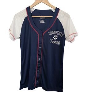 MLB Minnesota Twins Jersey Women Sz Small Blue Baseball Tee Button Up Game Day